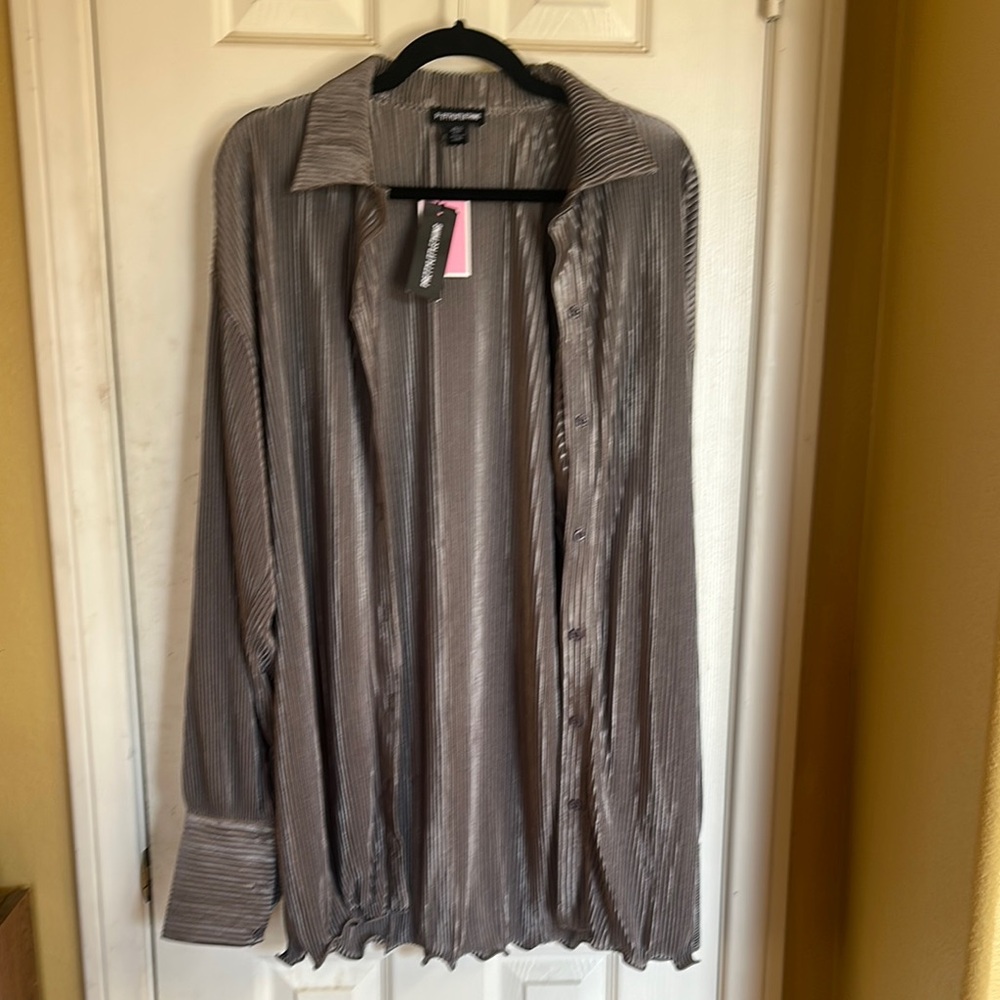 Silver Pleated Button-Up Shirt